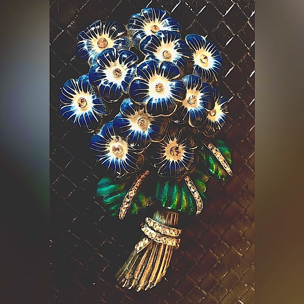 Floral Brooch with Blue and Green Enamel